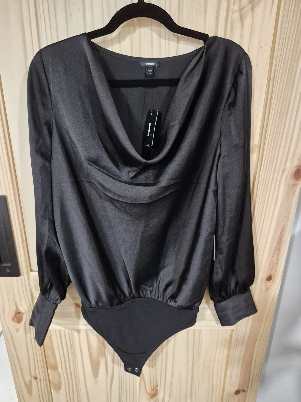 Express Black Satin Cowl-Neck Long Sleeve Bodysuit